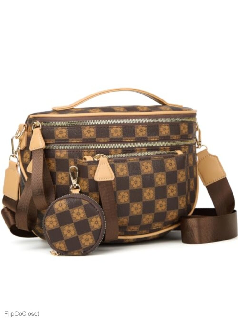 Vegan Leather Checkered Crossbody Bum Bag with Pouch and Adjustable Strap